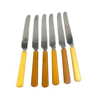 Hampshire Bakelite Dinner Knives Set Of 6 Yellow Brown Handles  Stainless Steel